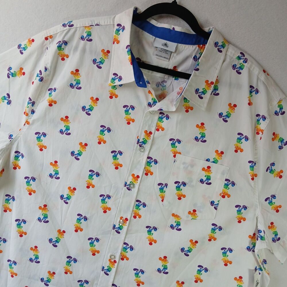 NEW Disney Parks Mickey Mouse Rainbow Graphic Print 2XL Button-Up Shirt #822